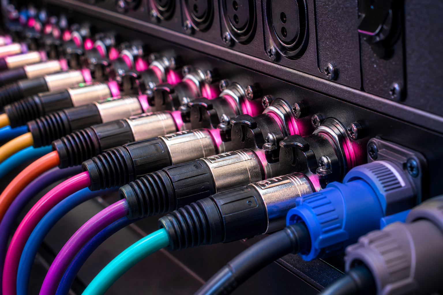 Gros plan sur un patchbay de câbles XLR et connecteurs Speakon avec éclairage ambiant magenta et cyan