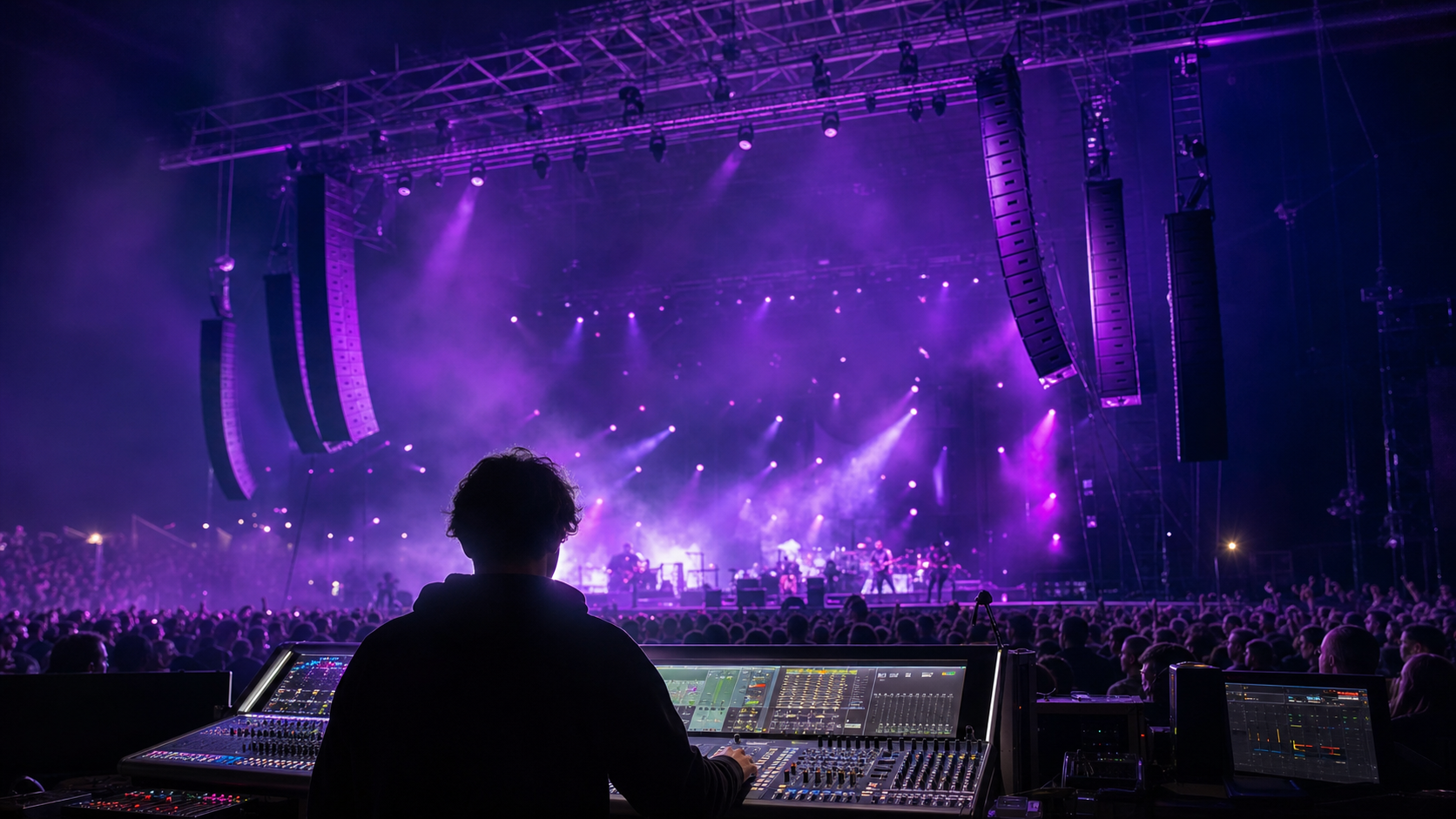 Ingénieur du son à la console face à une scène de concert éclairée en violet et magenta, line array suspendu au-dessus de la scène