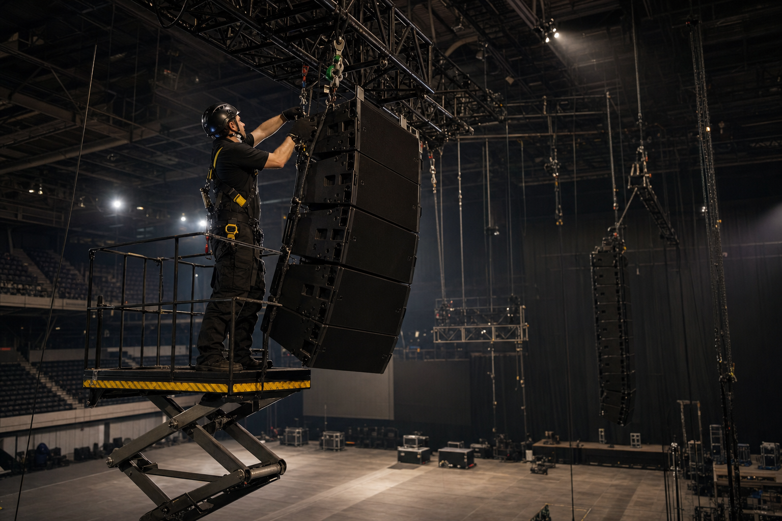 Technicien réglant un caisson de line array suspendu à une structure au-dessus d'une scène de concert