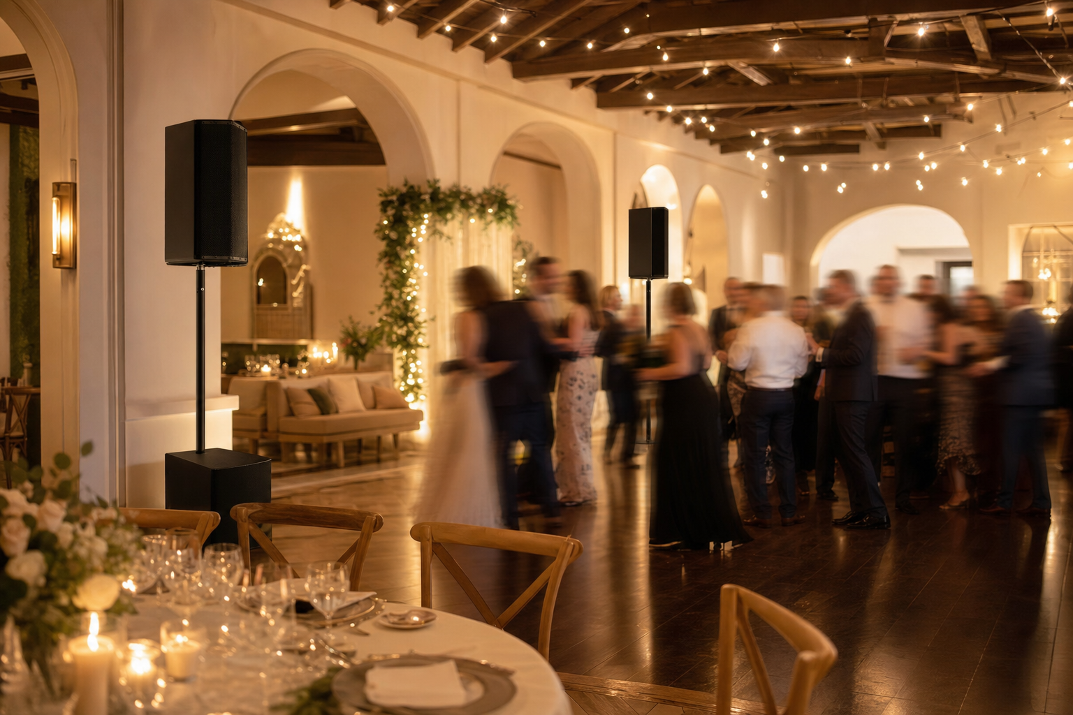 Salle de réception de mariage le soir avec une sonorisation discrète installée près de la piste de danse