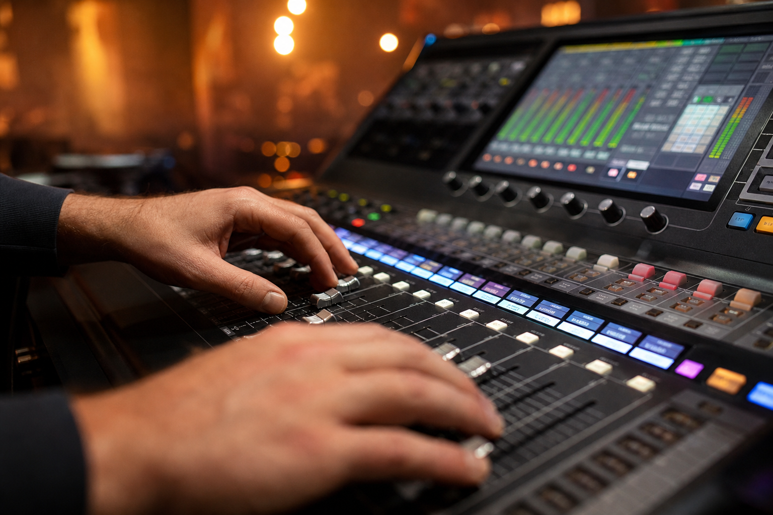 Mains d'un ingénieur du son sur les faders d'une console de mixage numérique en régie